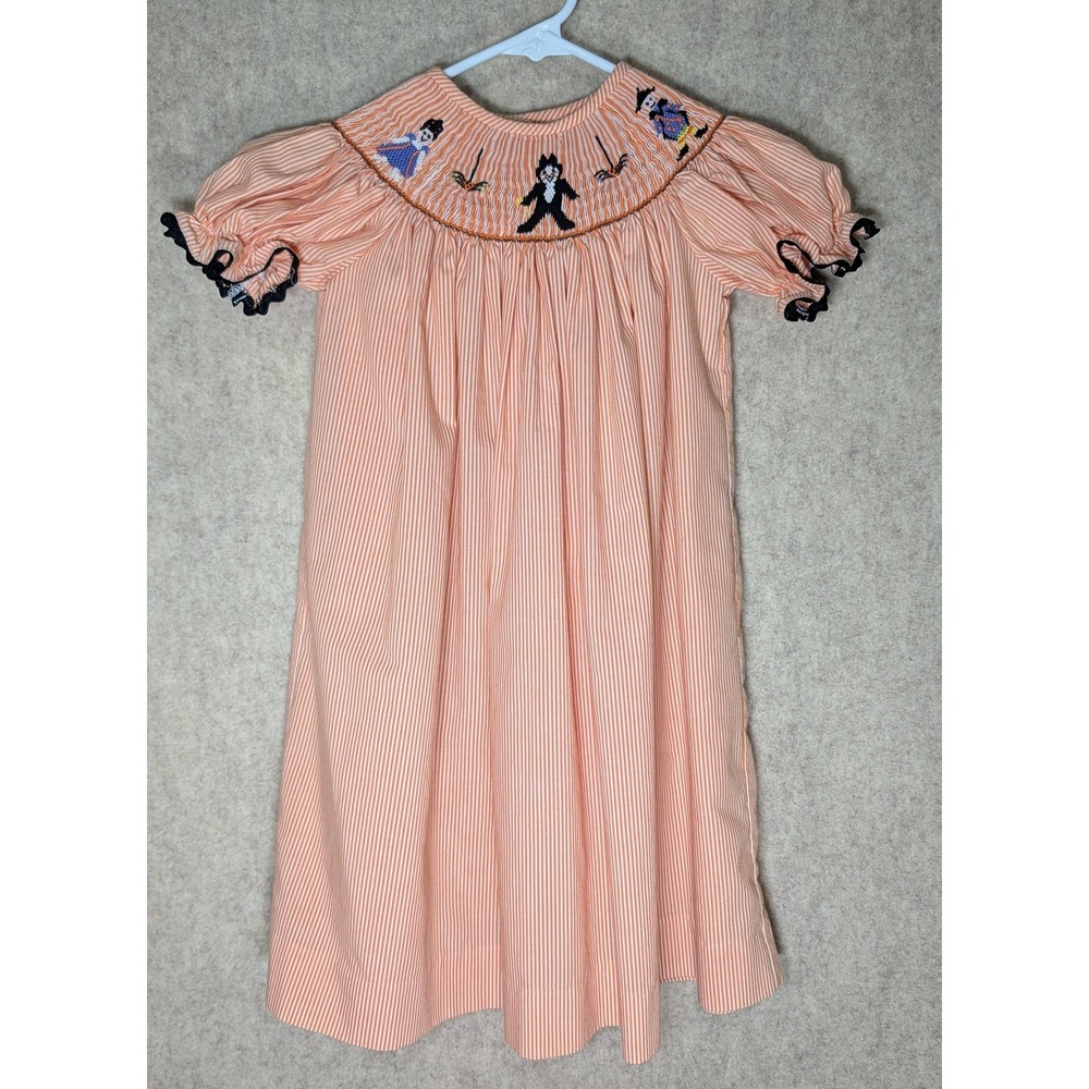 Castles & Crowns Girls 4T Halloween Smocked Dress Orange Stripe Spooky Vampire